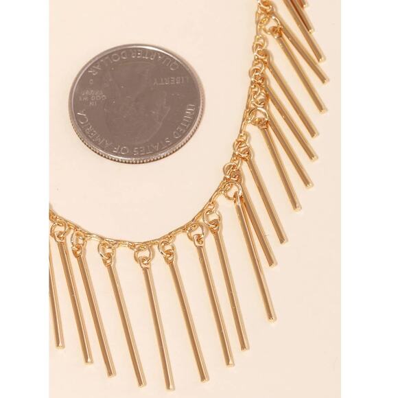 Dainty Bar Fringe Chain Necklace Gold Tone - Picture 2 of 3